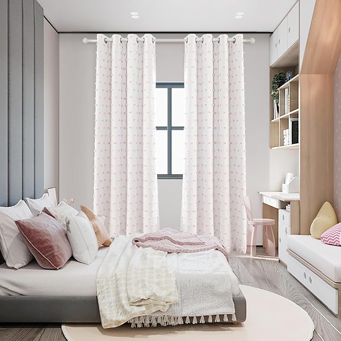 MYSKY HOME 100% Blackout Curtains for Girls Bedroom 80 Inch Long Total Light Blocking Curtains for Living Room 2 Panels Room Darkening Grommet Window Drapes with Pink Pom Pom Sheer 52W x 80L