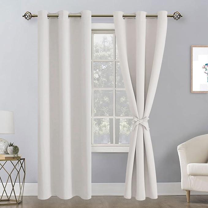 Hiasan Blackout Curtains for Bedroom, 42 x 84 Inches Long - Thermal Insulated & Light Blocking Window Curtains for Living Room/Kids Room, 2 Drape Panels Sewn with Tiebacks, Ivory
