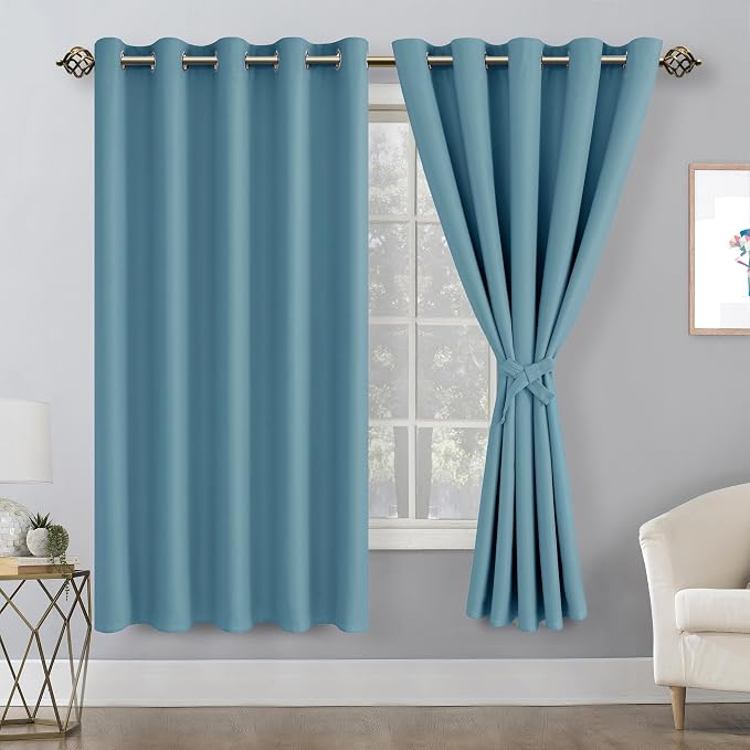 Hiasan Blackout Curtains for Bedroom, 60 x 63 Inches Length - Thermal Insulated & Noise reducing Window Curtains for Living Room, 2 Drape Panels Sewn with Tiebacks, Stone Blue