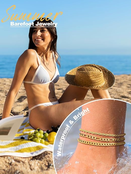 U7 Waterproof Anklets for Women 18K Gold Cuban Chain 8.5"-10.5" with 14K Gold Cuban chain 3Pcs, Barefoot Beach Wedding Gift with Velvet Pouch