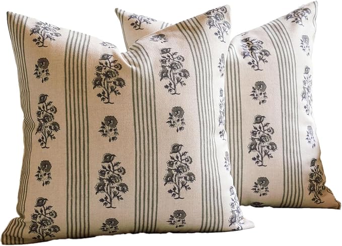 Amor Virisso Floral Throw Pillow Covers 20x20 Set of 2 Block Print Pillow Covers Neutral Floral Striped Farmhouse Decorative Pillow Covers for Sofa Couch Bed, Dusty Green