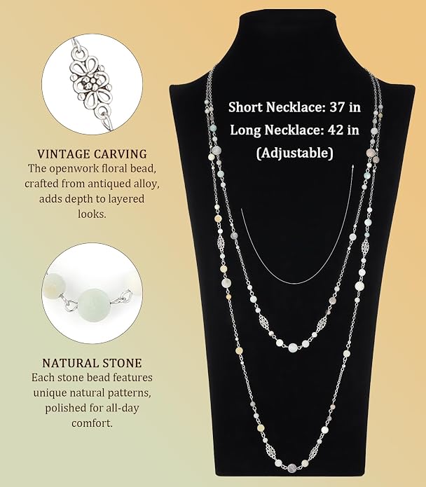 Long Beaded Silver Necklaces for Women Layered Long Statement Necklace with Stone Pearl Beads Double Sweater Chain Costume Jewelry for Women