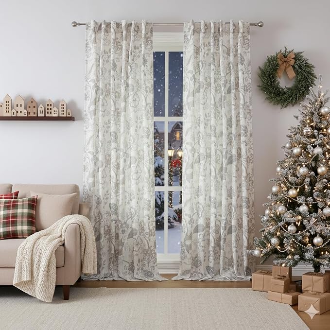 Kayne Studio Backtab Rod Pocket Jacobean Floral Semi Sheer Curtains Botanical Leaf Printed Vintage Farmhouse Linen Grey Light Filtering Window Treatment Sets Living Room Bedroom,52"x90",2 Panels