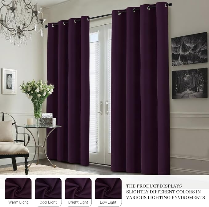 Yakamok Dark Purple 100% Blackout Curtains 84 Inches Long 50" Wide 2 Panels | Blackout Curtain Panels for Bedroom, 2 Thick Layers Grommet Top Thermal Insulated Drapes with White Back for Living Room