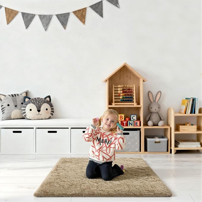 2x3 Rugs for Bedroom, Fluffy Area Rugs for Living Room, Small Fuzzy Shag Soft Carpet with 4 Non-Slip Adhesive Strips for Kids Boys and Girls Nursery Dorm Room Home Decor (2ft X 3ft, Light Tan)