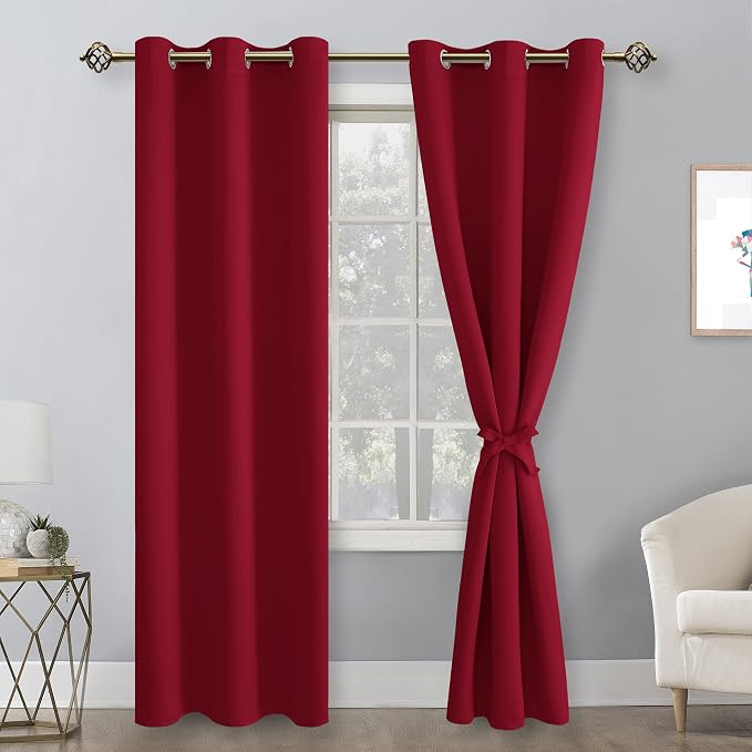 Hiasan Blackout Curtains for Bedroom, 38 x 84 Inches Long - Thermal Insulated & Light Blocking Window Curtains for Living Room, 2 Drape Panels Sewn with Tiebacks, Christmas Red