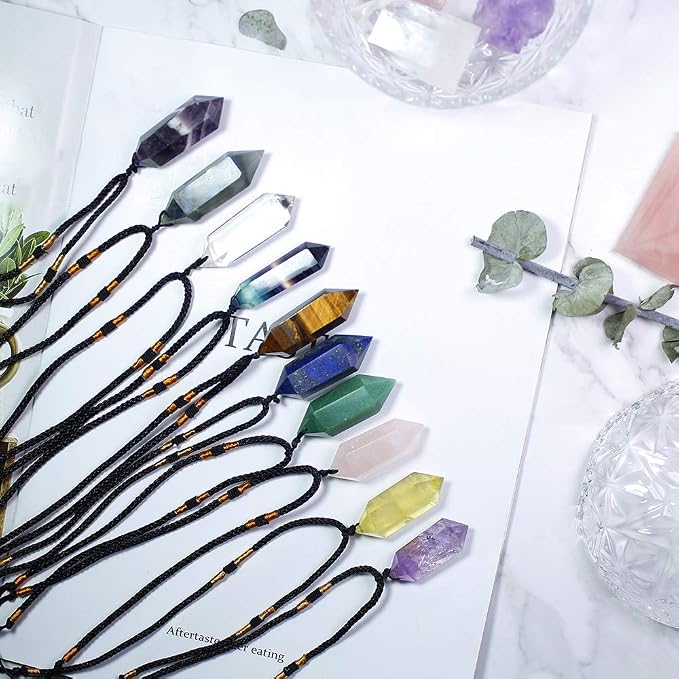 Runyangshi Green Aventurine Healing Crystal Pendants, Double Pointed Natural Crystal Quartz Necklace 6 Faceted Chakra Crystal Wand Stone