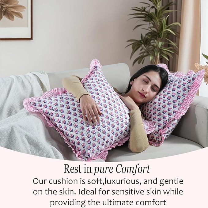 CPC Pink Sapphire Ruffle Throw Pillow Covers for Couch, 20x20 Inch Cotton Stripe Ruffle Couch Pillows for Living Room, Hidden 16 Inch Zipper Boho Pillow Case or Cute Outdoor Pillows