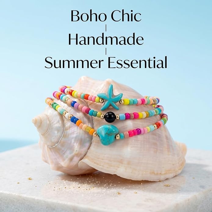 ASIJUNTYECHO Colorful Beaded Anklet Set | 3 Pcs Summer Beach Anklets, Western Turquoise Star & Shell Beaded Anklet Jewelry for Vacation, Boho & Everyday Wear