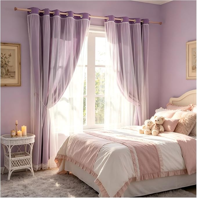 2 Panels Purple Blackout Curtains 52x84 Inches- Double Layer Lace Grommet for Bedroom, Nursery, Kids Room