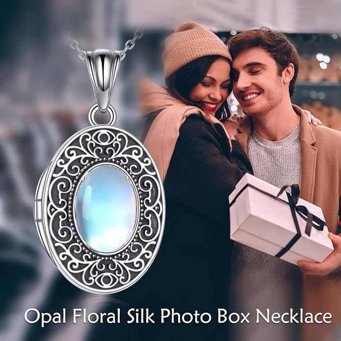 CRMAD Opal/Moonstone/Turquoise Locket Necklace for Women Sterling Silver Oval-Shaped Opal Locket Pendant Holds Pictures Always with You Vintage Style Photos Locket Jewelry Gifts for Loved One