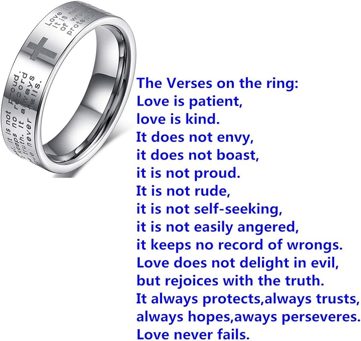 Fashion Month Men Women 6mm Tungsten Carbide White Ring Engraved English Bible Verses About Love Cross Band for Her Him