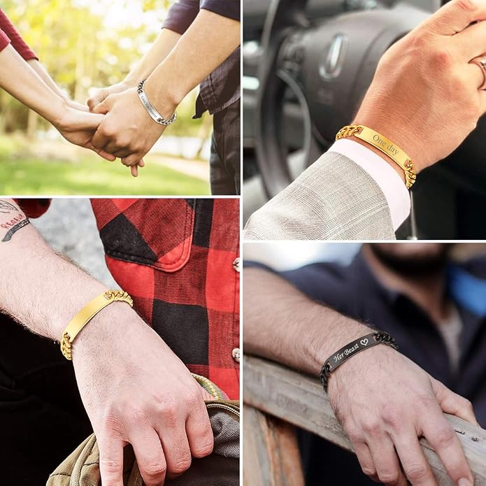 FindChic Customized Name Bar ID Bracelets for Men Women 18K Gold Plated/Stainless Steel/Black 7MM/10MM/15MM Width 7.5'' 8.3'' Bangles, with Jewelry Box