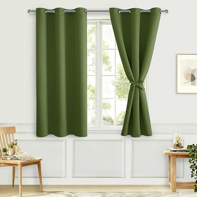 Hiasan Blackout Curtains for Bedroom - Thermal Insulated & Energy Saving Window Curtains for Living Room, 2 Drape Panels Sewn with Tiebacks, Olive Green, 42 x 54 Inch