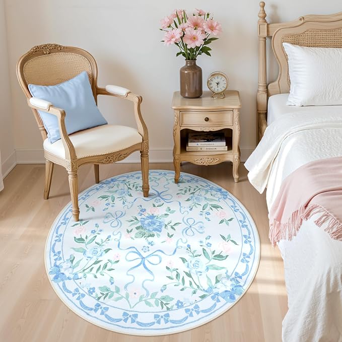 Collive Blue Bow Round Rugs for Girls, 4ft Floral Washable Circle Rug for Bedroom, Cute Ultra-Thin Non Slip Indoor Decor Carpet for Nursery Kids Room Playroom Living Room