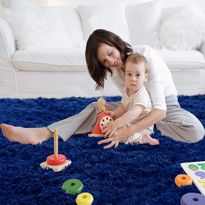 Blue Shag Area Rug 6x9 Living Room - Soft Fluffy Non-Skid Carpet | Soft Small Living Room Pick: Microfiber Memory Foam Delivers Cloud-Like Barefoot Comfort - The Coziest Spot Kids Love