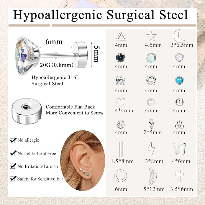 Jstyle 21 Pairs Hypoallergenic Flat Back Stud Earrings for Women Men Surgical Stainless Steel Earrings for Sensitive Ears Cartilage Earring Small Studs Earrings Set Stacks Screw Back Earrings Piercing