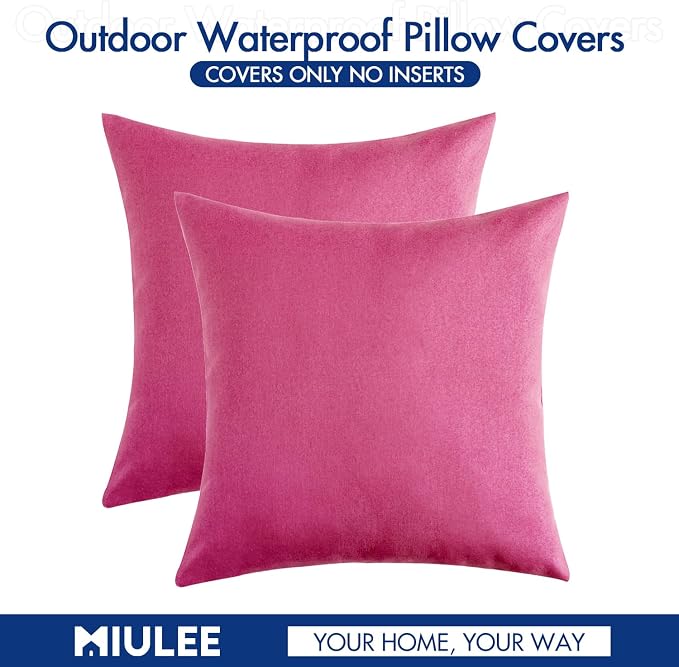 MIULEE Pack of 2 Decorative Outdoor Solid Waterproof Throw Pillow Covers Faux Linen Garden Farmhouse Cushion Cases for Patio Tent Balcony Couch Sofa 18x18 Inch Hot Pink