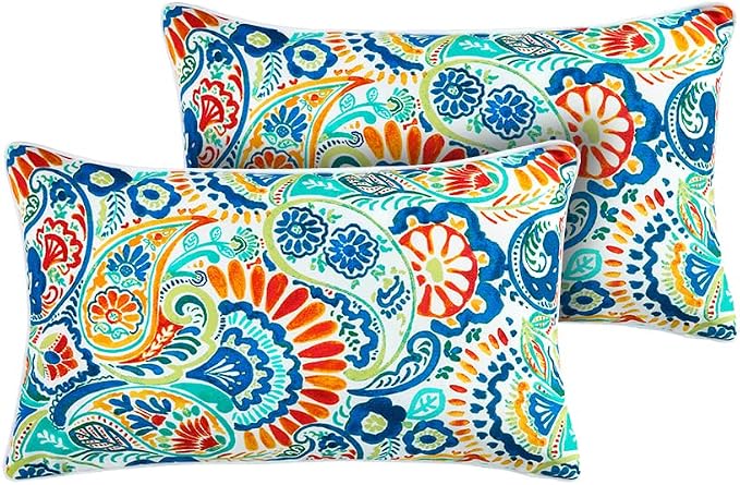 Magpie Fabrics Set of 2 Lumbar Throw Pillow with Insert 12x20 Inch, Outdoor Rectangular Waterproof Home Decorative Toss Cushion for Patio Garden Car Office - Paisley Multi