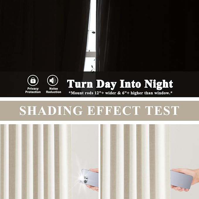 Vision Home Natural Full Blackout Curtains Linen Blended Darkening Window Curtains 84 inch for Living Room Bedroom Thermal Insulated Pinch Pleat Drapes with Hooks 2 Panel 40"Wx84"L