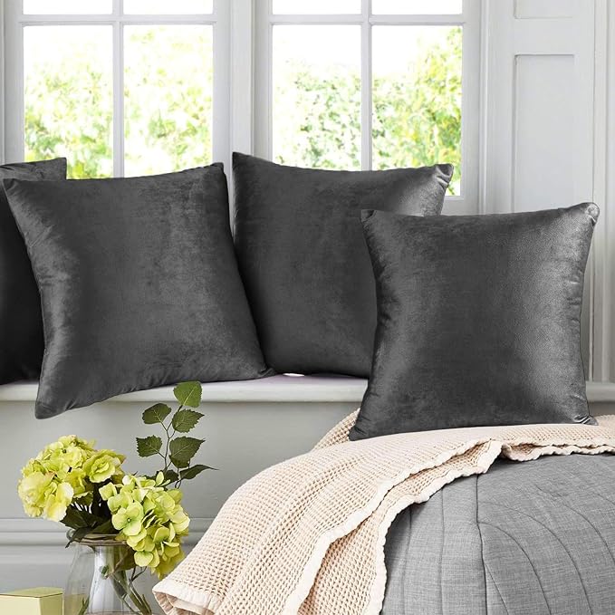 Nestl Throw Pillow Covers, Cozy Velvet Decorative Pillow Cases 24x24 Inches, Soft Solid Couch Pillow Covers for Sofa, Bed and Car, Set of 4 - Gray