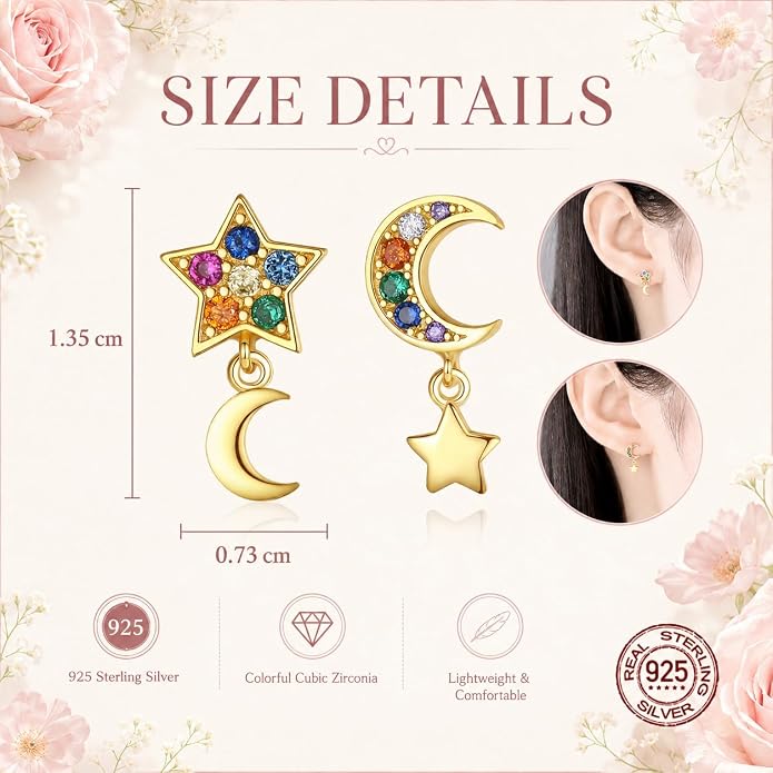 Blacklily 925 Sterling Silver Star Moon Earrings for Women, Gold Plated Asymmetrical Celestial Dangle Stud Earrings with Colorful Cubic Zirconia, Hypoallergenic Cute Jewelry Gifts