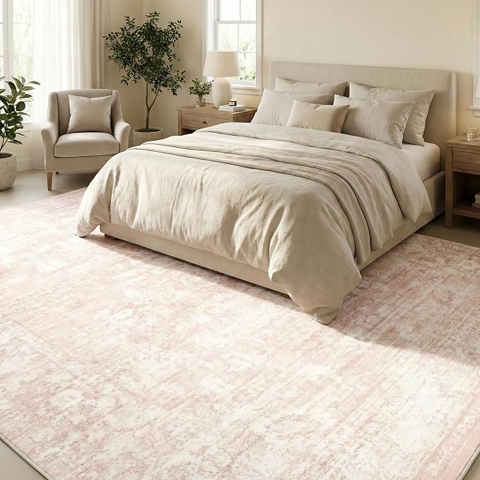Homemate Washable Rug 10x12 Area Rugs - Vintage Faux Wool Rugs for Living Room Bedroom Dining Room - Non Slip Foldable Carpet Indoor Area Rug for Home Decor(10'x12', Pink