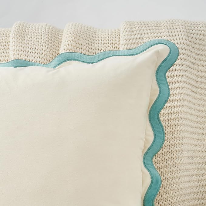 MONDAY MOOSE Decorative Throw Pillow Covers Cushion Cases, Set of 2 Soft Velvet Scalloped Wavy Edge Designs, Mix and Match for Home Decor, Pillow Inserts Not Included (20x20 inch, White/Light Blue)