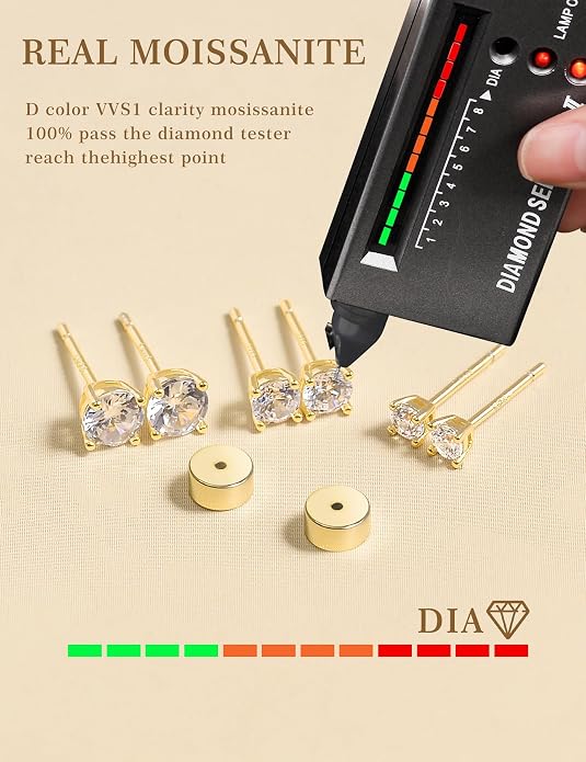 3 Pairs Moissanite Flatback Stud Earrings for Women, 925 Sterling Silver Hypoallergenic Flat Back Cartilage Earrings Set, 18K White Gold Plated