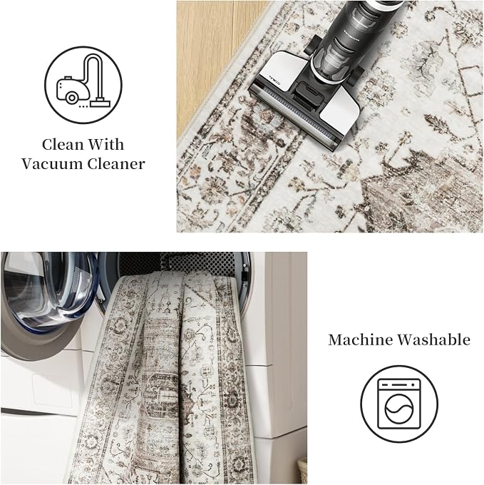 Roxstand Living Room 6x9 Washable Area Rugs, White/Brown | Large Area Rug, Non-slip Backing, Super-Soft Floral Vintage, Low Pile, For Living Room, Bedroom, Dining Room, Office
