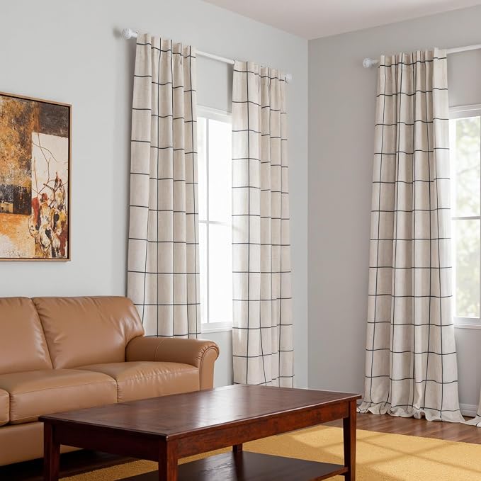 MYSKY HOME 100% Blackout Plaid Linen Curtains 108 Inches Long Double Layer Farmhouse Thermal Insulated Checkered Patterned Drapes Rod Pocket Back Tab for Living Room, 2 Pcs, 52" Wide, Navy Blue