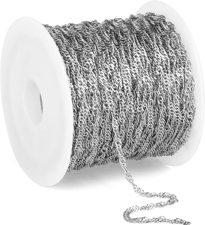 33 Feet Stainless Steel Singapore Chains Roll, 2mm 304 Stainless Steel Twisted Link Chain Bulk Spool for Jewelry Making DIY Craft