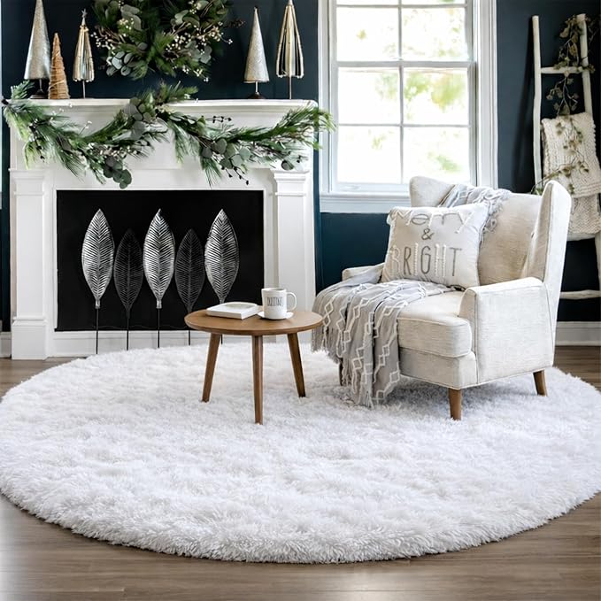 Amdrebio White Fluffy Round Rug 4Ft for Bedroom Aesthetic, Fuzzy Fur Circle Area Rugs for Living Room, Soft Plush Shaggy Shag Carpet for Nursery Dorm, Cute Kids Room Decor for Baby Toddler Teen Girls