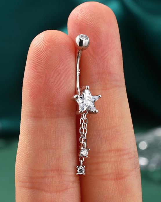 Cocharm 14K Gold Plated Belly Button Rings - 14G 925 Sterling Silver Navel Rings for Women - Dangle Belly Piercing Jewelry
