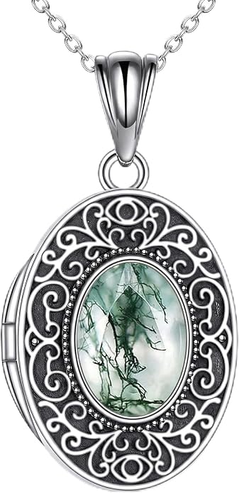 CRMAD Opal/Moonstone/Turquoise Locket Necklace for Women Sterling Silver Oval-Shaped Opal Locket Pendant Holds Pictures Always with You Vintage Style Photos Locket Jewelry Gifts for Loved One