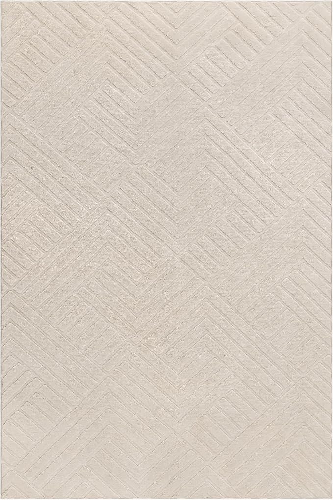 Bsmathom 6x9 Washable Area Rug, Boho Neutral Modern Soft Carpet Mat, Beige | Machine Washable, Low Pile Fluffy Plush, Non-slip, Geometric Textured, For Living Dining Kids Room Bedroom Indoor Dorm