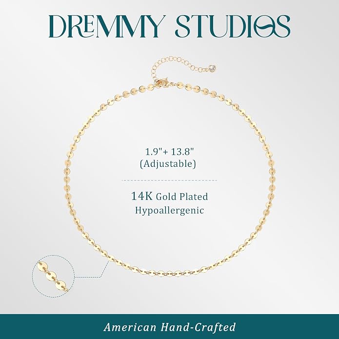 Dremmy Studios Dainty Gold Choker Necklace for Women 14K Gold Plated Coin Disc Figaro Layered Beaded Flat Mariner Sideways Cross Wishbone Link Clavicle Necklaces