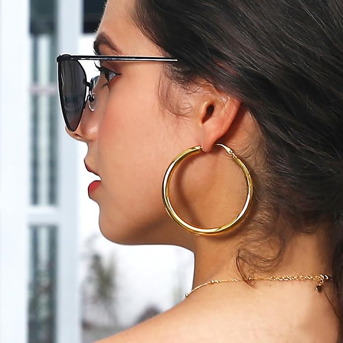 Stainless Steel Chunky Hoop Earrings For Women, Minimalist and Chic, Black/Gold Plated, Round Hoops Earrings Hypoallergenic, Size: 30mm/40mm/60mm/80mm, Come with Box