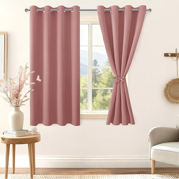 Hiasan Blackout Curtains for Bedroom - Thermal Insulated & Energy Saving Window Curtains for Living Room/Kids Room, 2 Drape Panels Sewn with Tiebacks, Dusty Rose, 52 x 45 Inch