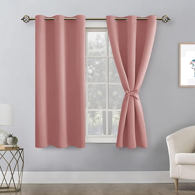 Hiasan Short Blackout Curtains for Bedroom - Thermal Insulated & Energy Saving Window Curtains for Living Room, 2 Drape Panels Sewn with Tiebacks, Dusty Rose, 42 x 45 Inch