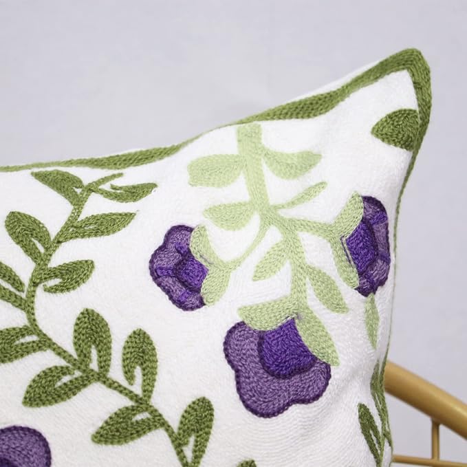 Set of 2 Embroidered Decorative Throw Pillow Covers Couch Square Pillowcases Cushion for Bedroom Sofa Farmhouse Decor 18x18 Inch (Purple Floral)