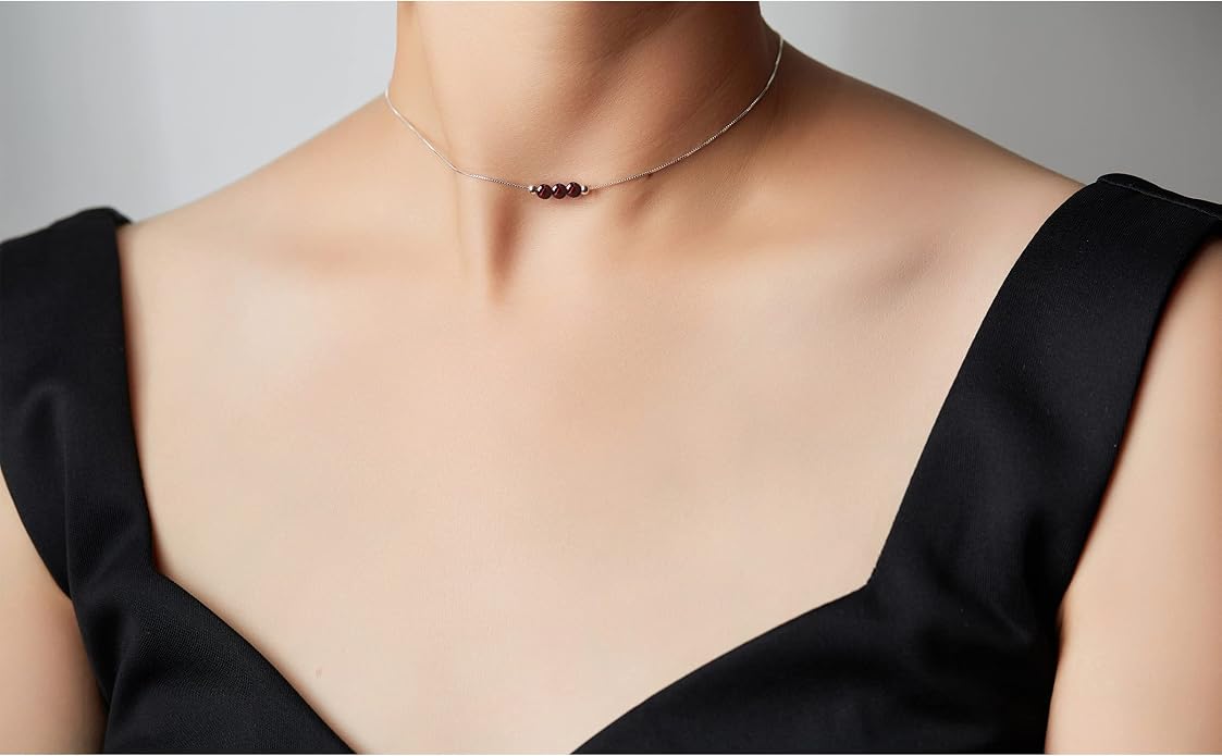Dainty Crystal 925 Sterling Silver Choker Collar Necklace Handmade With 3 Beads Birthstone Jewelry Gifts for Women Young Lady Mother Friends Keenove