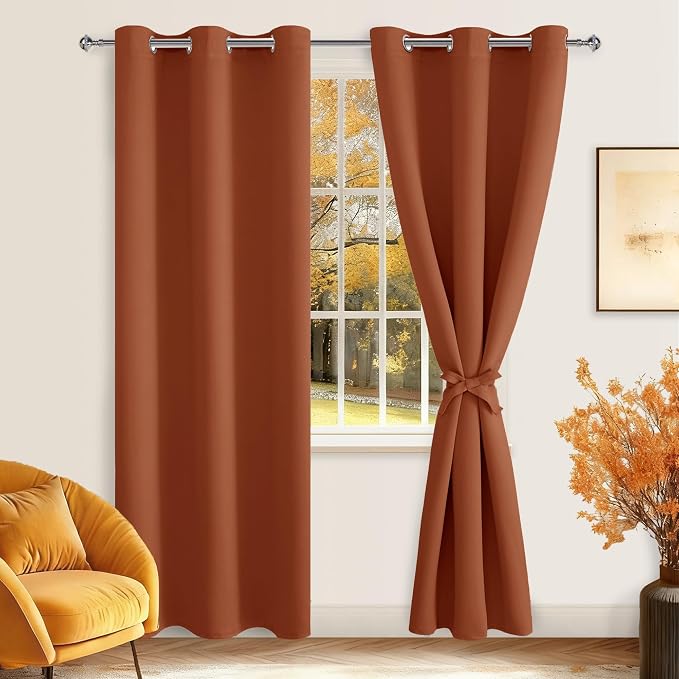 Hiasan Blackout Curtains for Bedroom, 38 x 84 Inches Long - Thermal Insulated & Energy Saving Window Curtains for Living Room Fall Home Decor, 2 Drape Panels Sewn with Tiebacks, Burnt Ochre