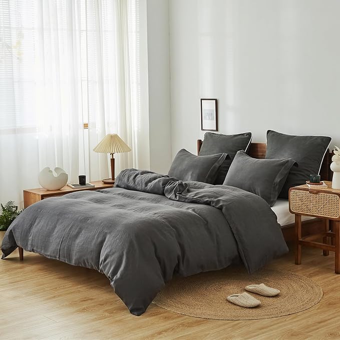 Simple&Opulence 100% Linen Duvet Cover Set 2pcs Basic Style Natural French Washed Flax Solid Color Soft Breathable Farmhouse Bedding with Button Closure - Dark Grey, Twin