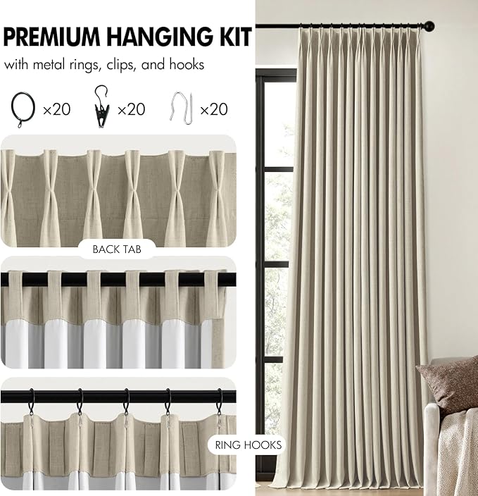 MIULEE Burlywood Birch Pinch Pleated 100% Blackout Linen Curtains for Bedroom, Room Darkening Memory Trained Window Curtains 90 inches Long for Living Room, Black Out Pleat Drapes, 2 Panels