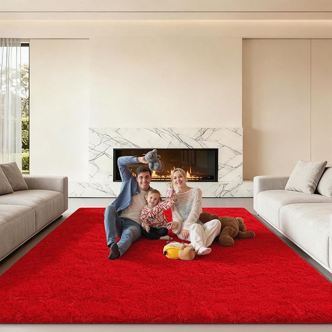Area Rugs 9x12 Living Room, Large Fluffy Red Rugs for Bedroom, Fuzzy Shag Soft Non-Slip Carpet for Kids Girls and Boys Nursery Dorm Indoor Room Home Decor (9ft X 12ft, Red)