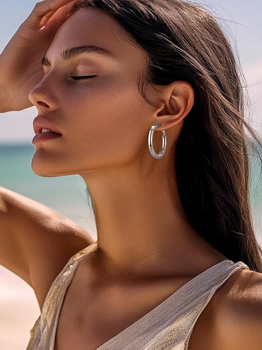 FaithHeart Chunky Hoop Earrings for Women, Silver/Black/14K Gold Plated Stainless Steel Earrings 5mm Thick Hollow Tube Hoops Hypoallergenic Lightweight Earring 20/30/40/50/60/70/80mm