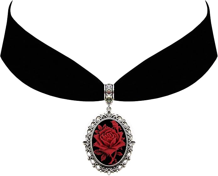 Victorian Vault Black Velvet Choker Black Red Rose Cameo Gothic Steampunk Pendant Necklace