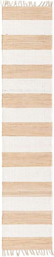 Unique Loom Chindi Rag Collection Area Rug - Striped (2' 2" x 10' Runner, Beige/ Ivory)