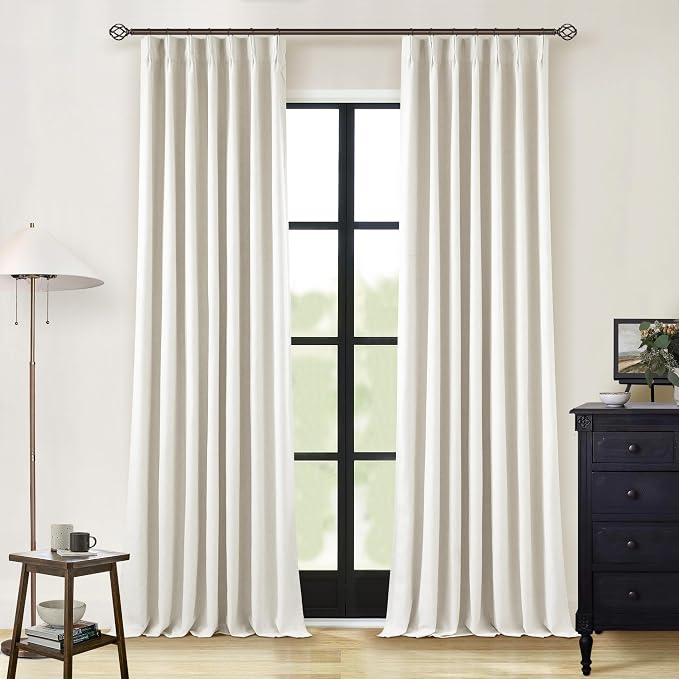 Natural Cream Linen Pinch Pleated Blackout 92 Inch Curtains for Living Room | 100% Black Out, Cream Ivory, Pinch Pleat Hooks Rings Back Tab, 2 Layer Drapes with Liner, for Bedroom Window, 2 Panels Set